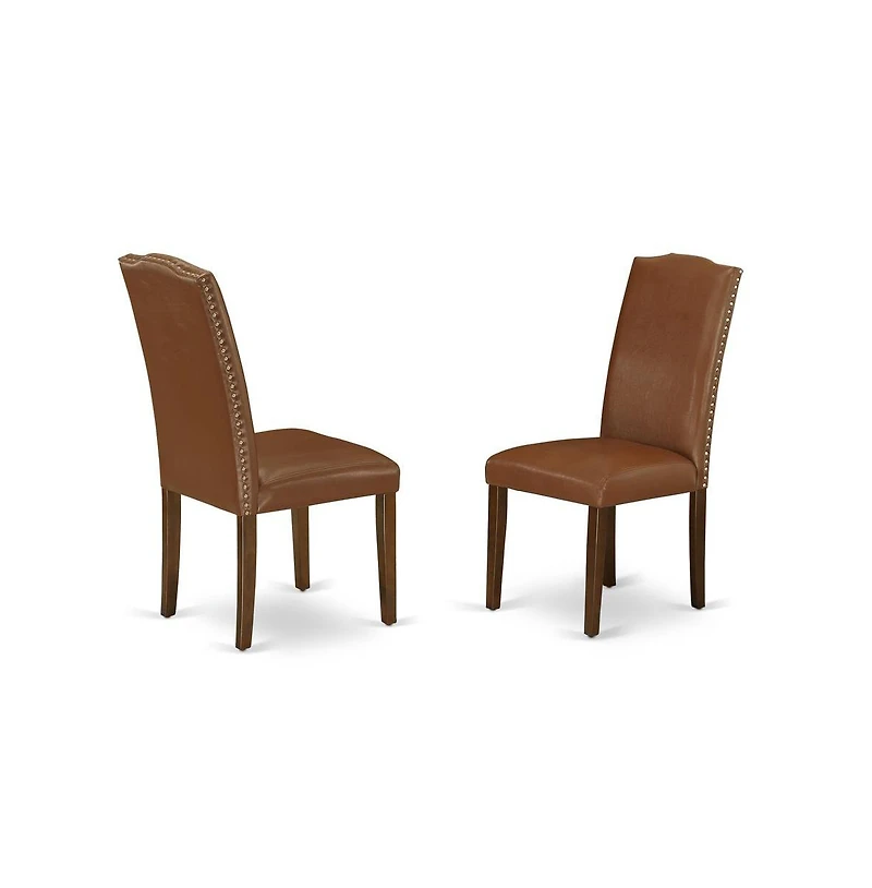 East West Furniture 3 Piece Modern Dining Table Set Consists of 1 Drop Leaves Wooden Dining Table and 2 Brown Faux Leather Dining Chairs High Back wit