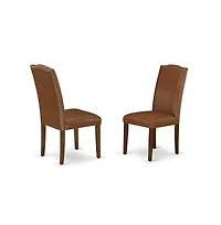 East West Furniture 3 Piece Modern Dining Table Set Consists of 1 Drop Leaves Wooden Dining Table and 2 Brown Faux Leather Dining Chairs High Back wit