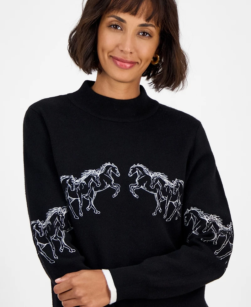 T Tahari Women's Mock-Neck Embroidered-Horse Sweater