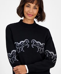 T Tahari Women's Mock-Neck Embroidered-Horse Sweater