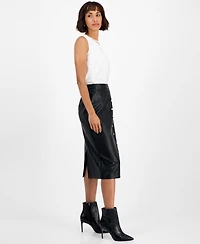 T Tahari Women's Faux-Leather Midi Skirt