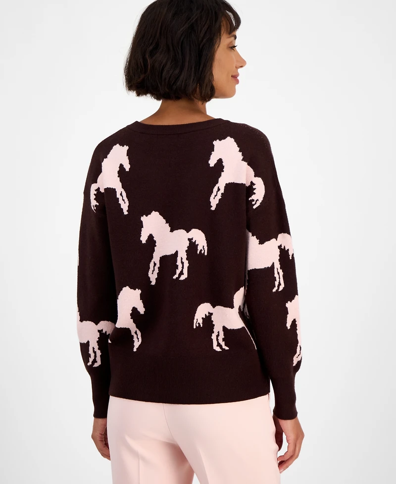 T Tahari Women's Horse-Print Crewneck Long-Sleeve Sweater