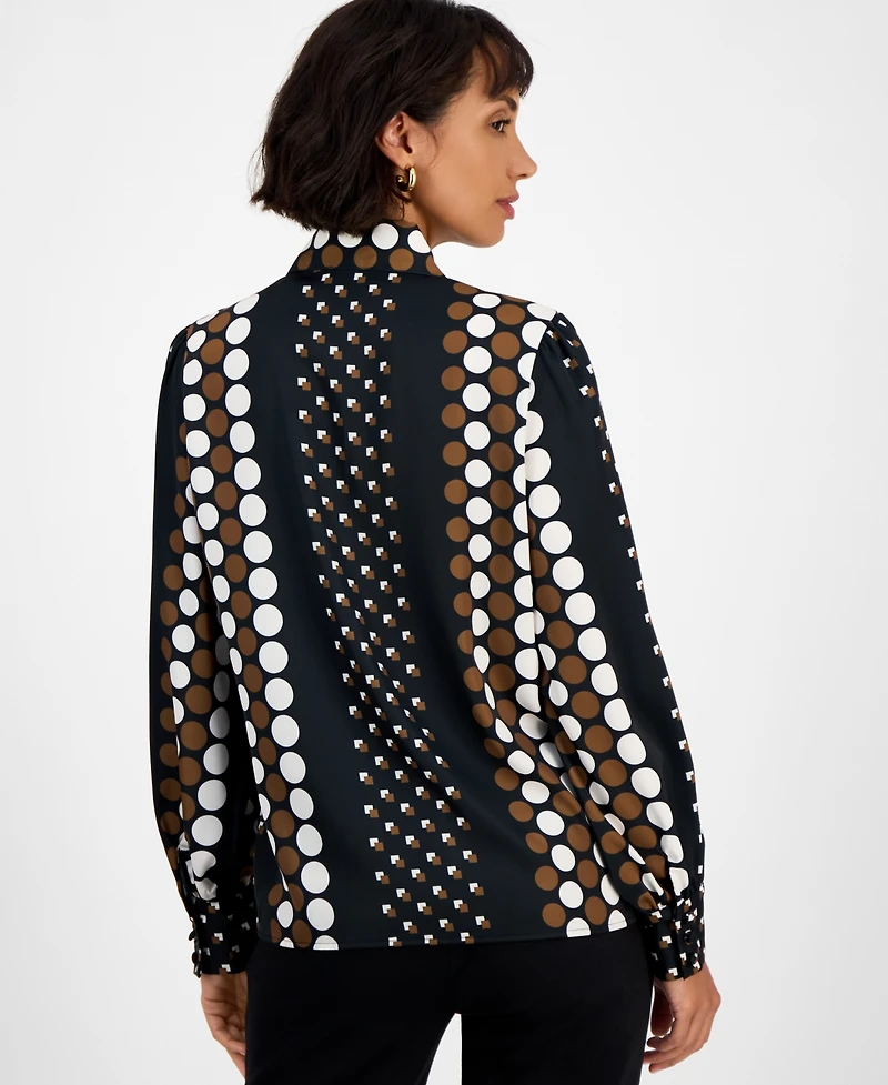 T Tahari Women's Printed Tie-Neck Long-Sleeve Blouse
