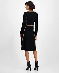 T Tahari Women's Collared Long-Sleeve Snap-Front Dress