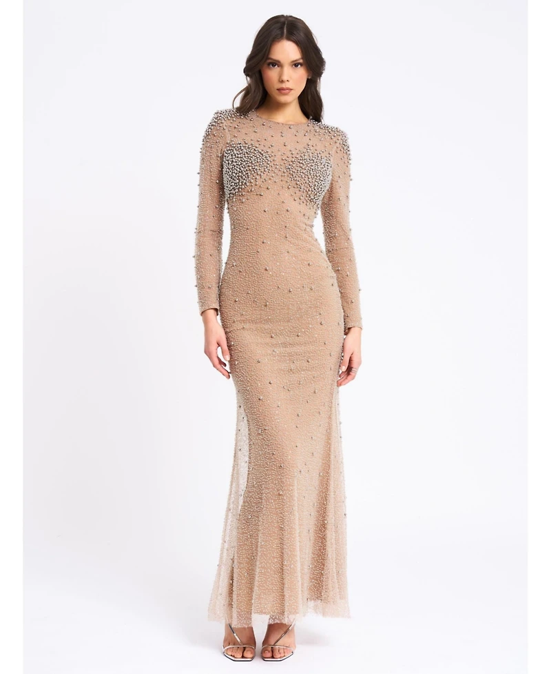 Miss Circle Women Rita Embroidered Mesh Silver Beaded Mermaid Gown