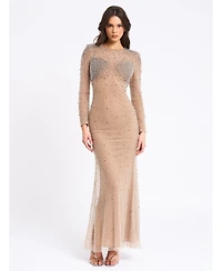 Miss Circle Women Rita Embroidered Mesh Silver Beaded Mermaid Gown
