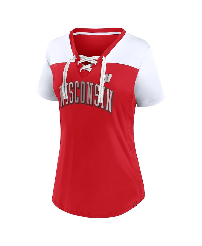 Fanatics Women's Red Wisconsin Badgers Fundamentals Campus Win Athena Lace-Up V-Neck T-Shirt
