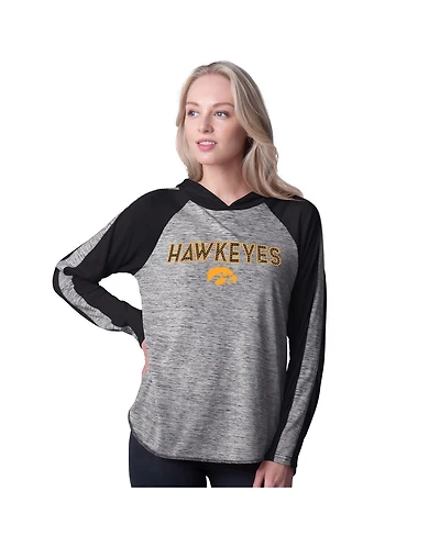 G-iii 4Her by Carl Banks Women's Black Iowa Hawkeyes Underdog Bling Raglan Long Sleeve Hoodie T-Shirt