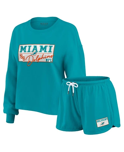 Wear by Erin Andrews Women's 2-Piece Aqua Miami Dolphins Heavy Rugby Jersey Long Sleeve T-Shirt and Shorts Lounge Set