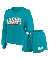Wear by Erin Andrews Women's 2-Piece Aqua Miami Dolphins Heavy Rugby Jersey Long Sleeve T-Shirt and Shorts Lounge Set