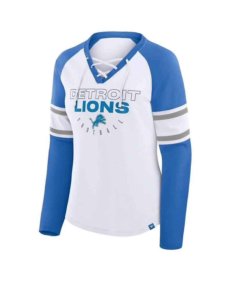 Fanatics Women's White/Blue Detroit Lions Redzone Blitz Package Raglan Lace-Up V-Neck Long Sleeve T-Shirt