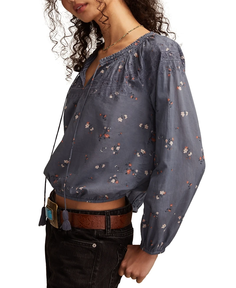 Lucky Brand Women's Embroidered Smocked Peasant Top