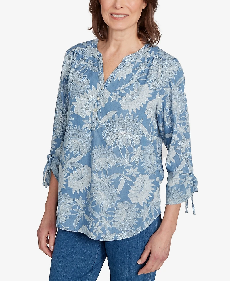 Alfred Dunner Women's Classic Floral Monotone Lyocell Henley Top