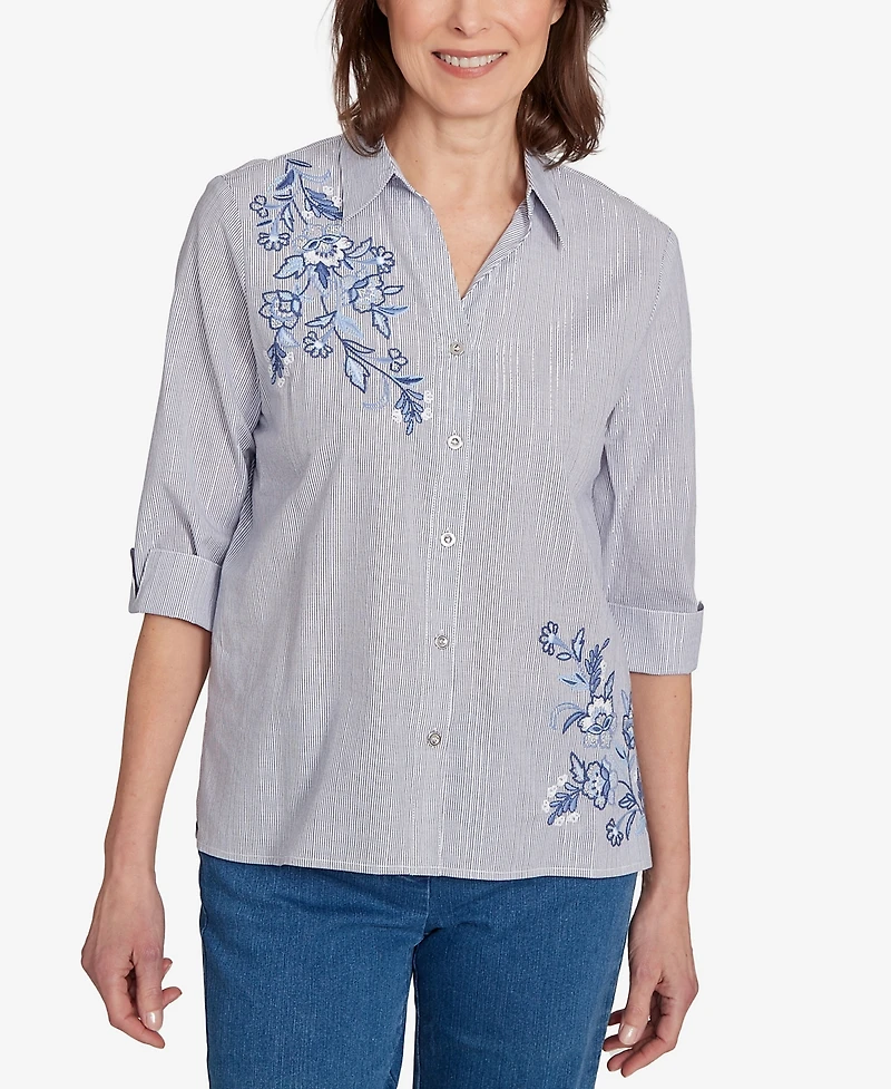 Alfred Dunner Women's Classic Diagonal Floral Metallic Stripe Button Front Top