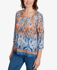Alfred Dunner Women's Classic Medallion Bordered Square Neck Top