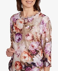 Alfred Dunner Women's Classic Textured Floral Ruched Sides Top