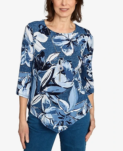 Alfred Dunner Women's Classic Puff Print Denim Floral Top