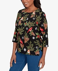 Alfred Dunner Women's Classic Cardinals and Pinecones Embellished Top