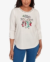 Alfred Dunner Women's Classic Holiday Stockings Print Gathered Sleeve Top