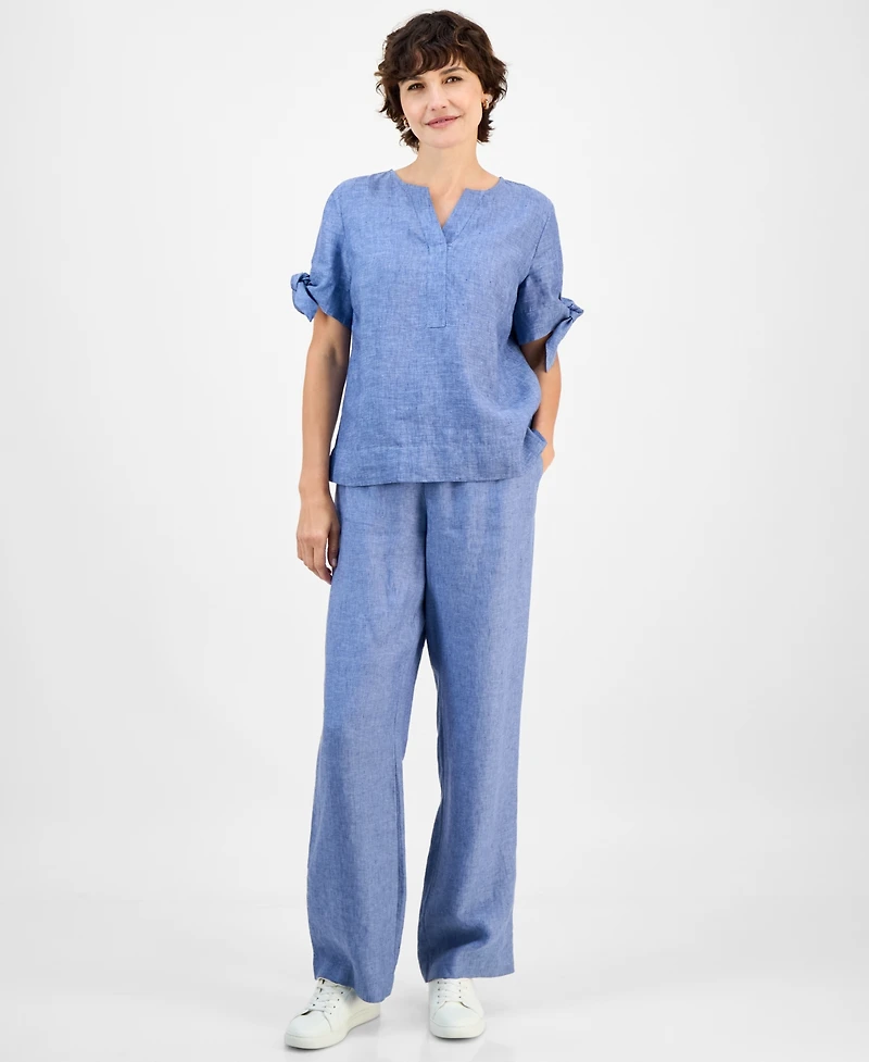Charter Club Women's 100% Linen Split-Neck Tie-Cuff Top, Created for Macy's