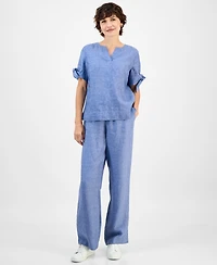 Charter Club Women's 100% Linen Split-Neck Tie-Cuff Top, Created for Macy's