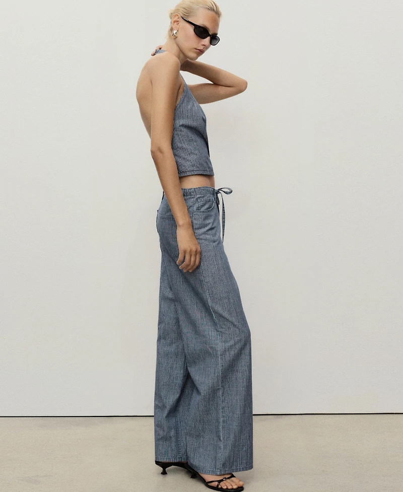 Mango Women's Belted Wide Leg Denim Pants
