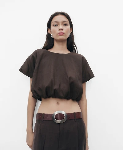 Mango Women's Ramie Cropped Balloon Blouse