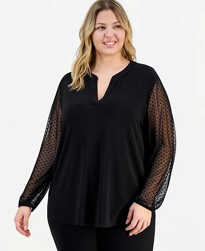 Kasper Plus Split-Neck Long-Sleeve Tunic