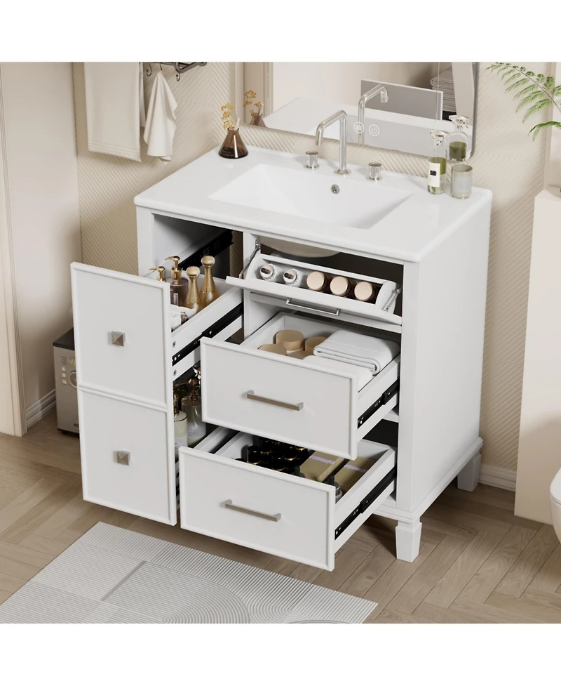 Casainc 30" Bathroom Vanity with Ceramic Sink, Flip-Out Drawer for Plumbing, Soft Close Drawers