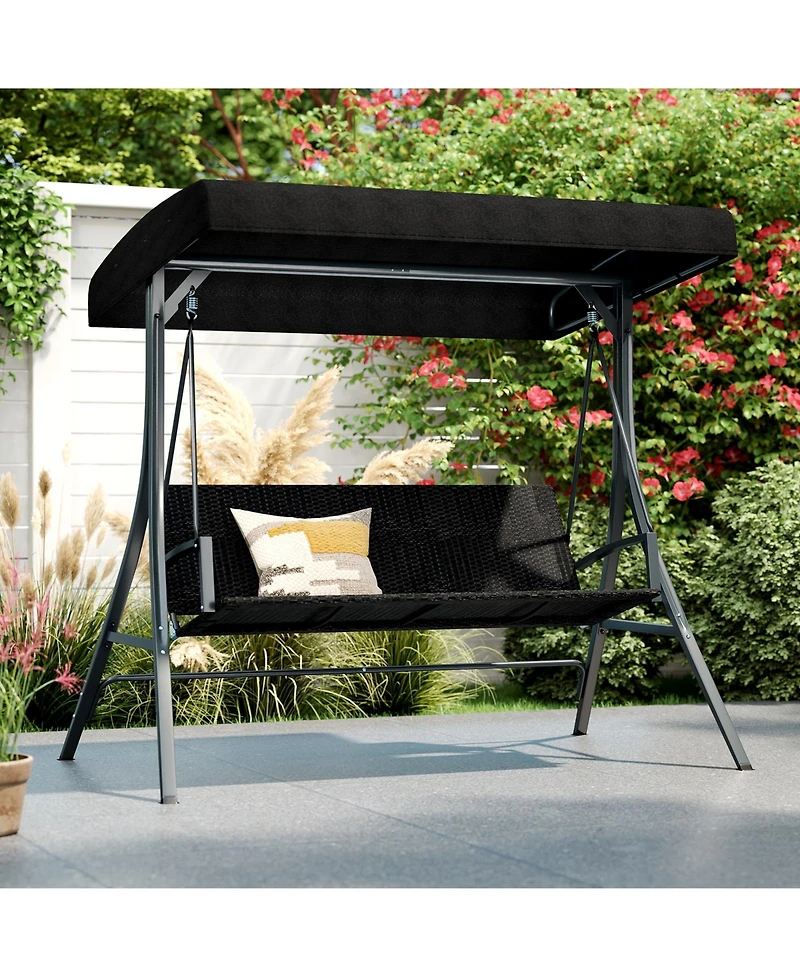 Gymax 3-Person Porch Swing w/ Stand w/ Rattan Seat Back Metal Frame Adjustable Shade