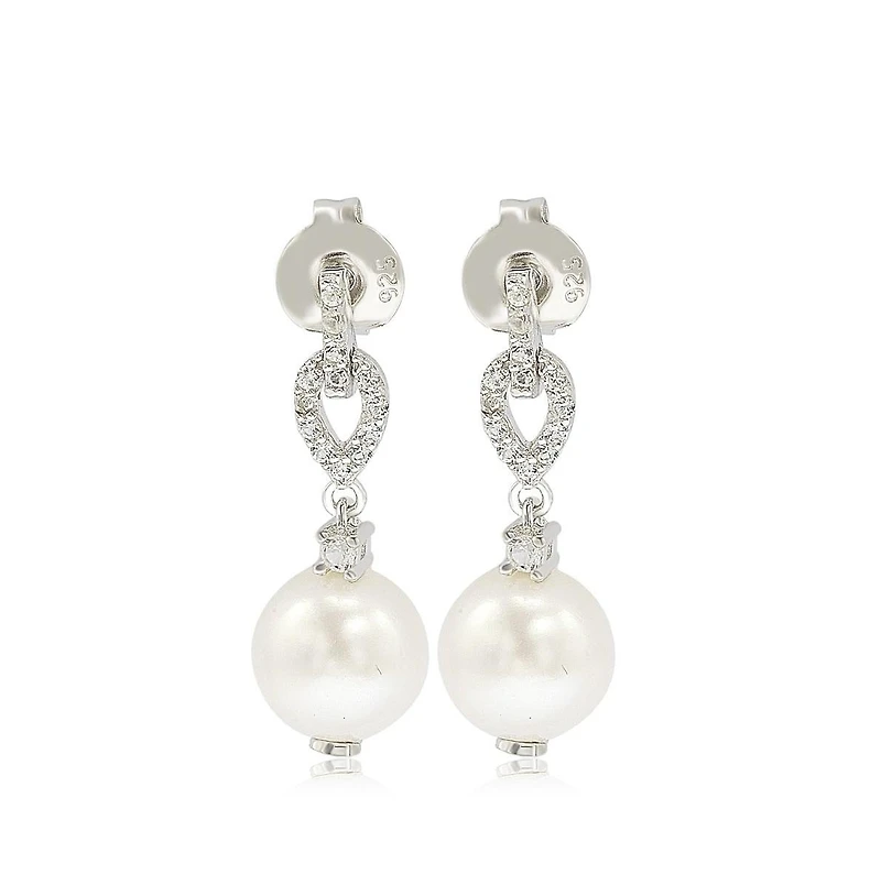 Suzy Levian Sterling Silver Pearl & White Sapphire Dangle Earrings