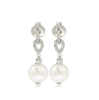 Suzy Levian Sterling Silver Pearl & White Sapphire Dangle Earrings