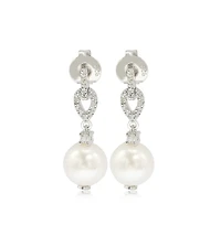 Suzy Levian Sterling Silver Pearl & White Sapphire Dangle Earrings