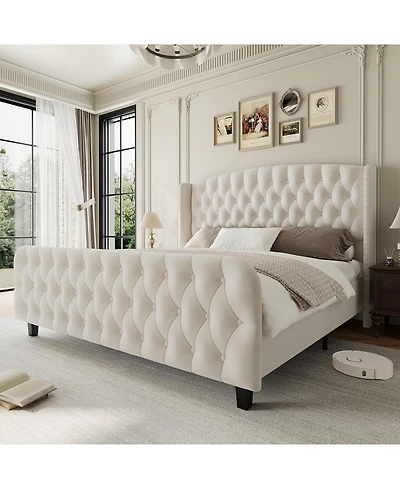 gaomon 51" Tall King Size Velvet Upholstered Platform Bed Frame with Deep Button Tufted Wingback Headboard & Footboard, Cream, No Box Spring, Easy Ass