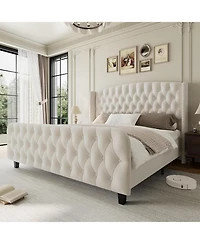 gaomon 51" Tall King Size Velvet Upholstered Platform Bed Frame with Deep Button Tufted Wingback Headboard & Footboard, Cream, No Box Spring, Easy Ass