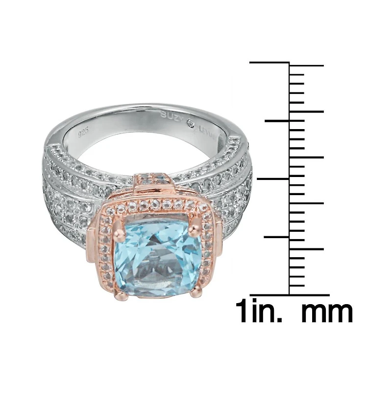 Suzy Levian New York Two-Tone Sterling Silver Cushion Cut Center Topaz Cocktail Milano Ring
