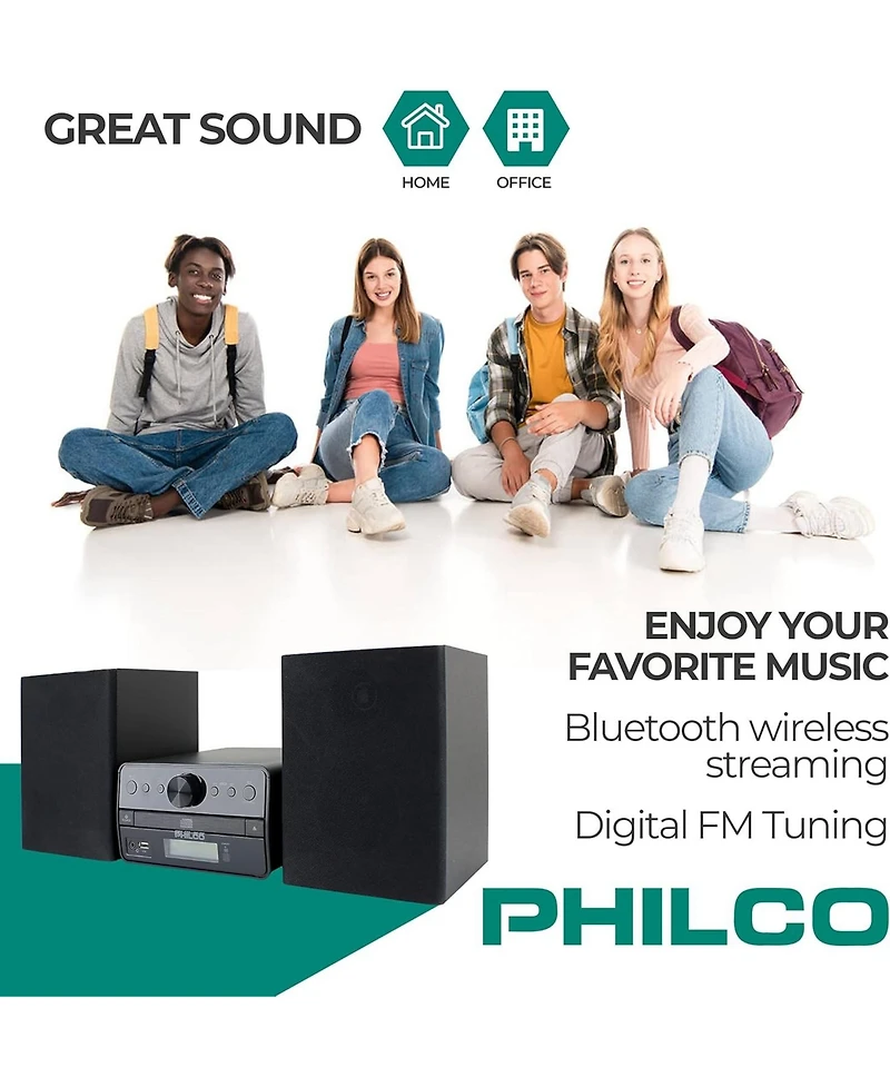 Philco Stereo Shelf Systems Tray Loading Cd Player with Digital Fm Radio, Bluetooth Streaming, Remote Control in Black | Lcd Display | 3.5mm Headphone