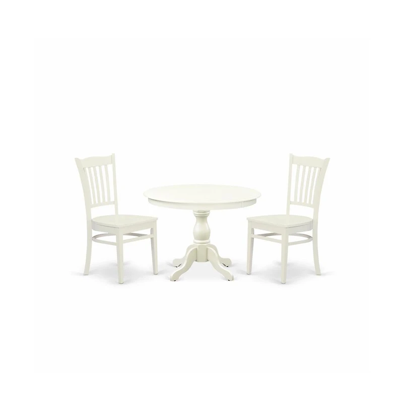 East West Furniture 3 Piece Table Set - Linen White Round Dining Table and 2 Linen White Kitchen Chairs with Slatted Back - Linen White Finish