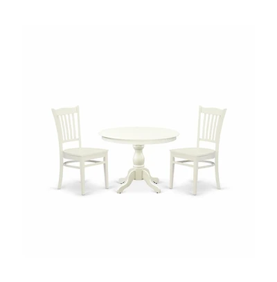 East West Furniture 3 Piece Table Set - Linen White Round Dining Table and 2 Linen White Kitchen Chairs with Slatted Back - Linen White Finish