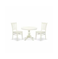 East West Furniture 3 Piece Table Set - Linen White Round Dining Table and 2 Linen White Kitchen Chairs with Slatted Back - Linen White Finish
