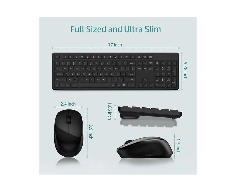 Risokeys Wireless Keyboard and Mouse Combo, Full-Sized Ergonomic Computer Keyboard, 2.4GHz Cordless Keyboard Silent Mouse Set with 2-in-1 Usb Receiver