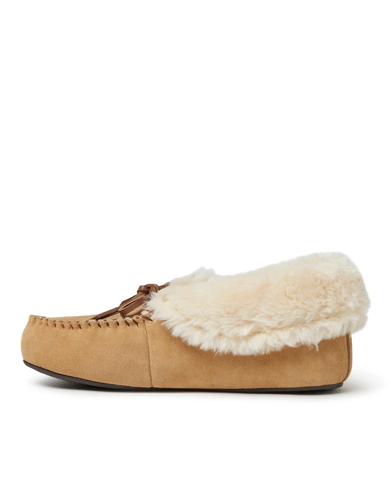 Dearfoams Women's Genuine Suede Fold Over Moccasin House Shoe Slipper