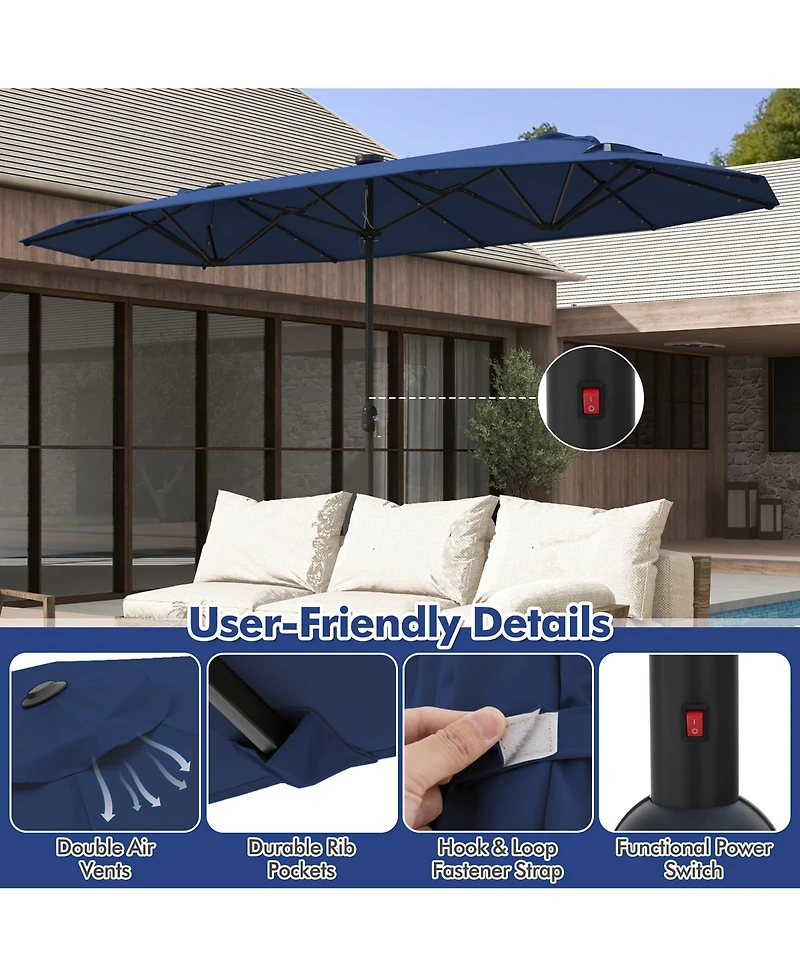 Gymax 13 Ft Patio Umbrella Double-Sided Market Umbrella w/ 36 Solar-Powered Led Lights