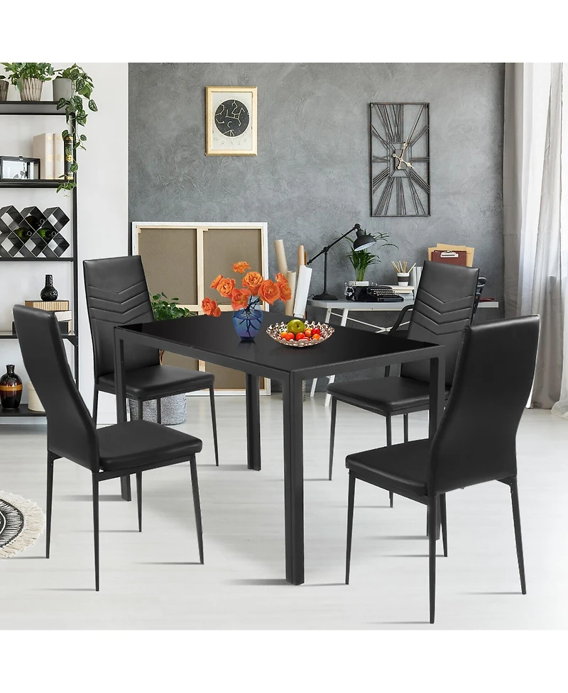 Gymax 5 Piece Kitchen Dining Set Glass Metal Table and 4 Chairs Breakfast Furniture