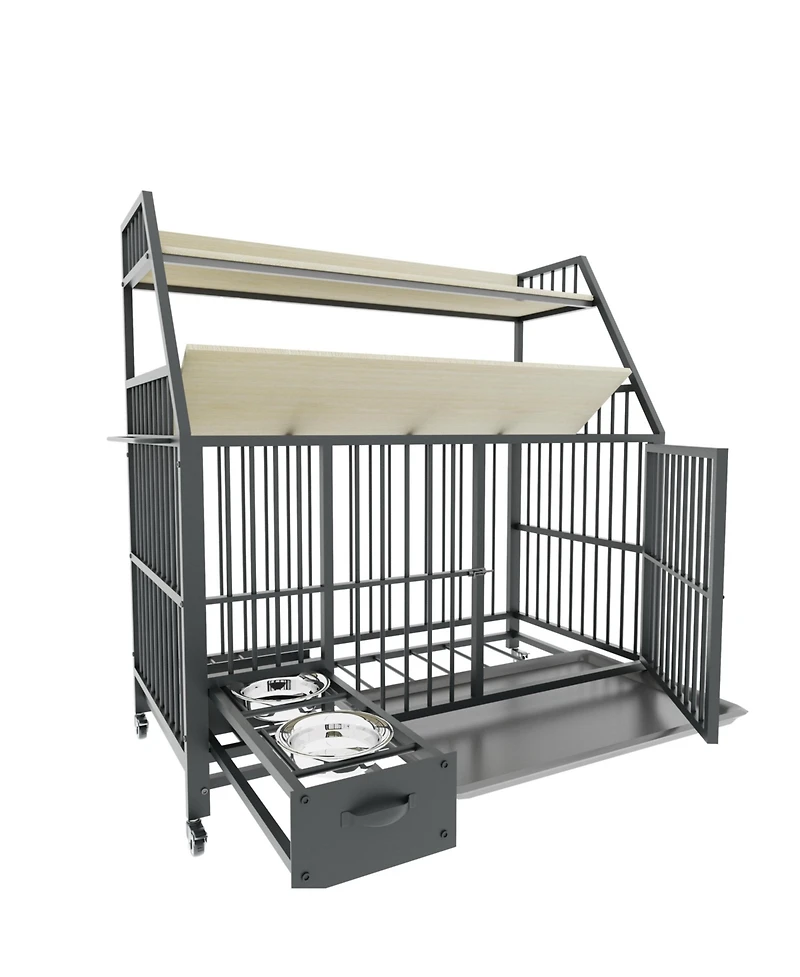 Aostirmotor 35 in. W x 49 in. H x 24 in. D Large Pet Cage with Storage Rack Drawers with Stainless Steel Food in Beige