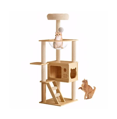 Aostirmotor 49 in. Wood Cat Tower with Acrylic Hammock for Small Large Cats