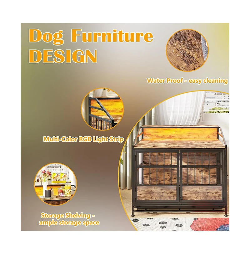 Aostirmotor Brown Multi-function Dog Crates with Storage Large Wooden Dog Kennel with Double Doors for Large Medium Dog
