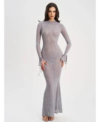 Miss Circle Women Waylynn Gray Animal Print Burnout Velvet Detail Mesh Backless Maxi Dress