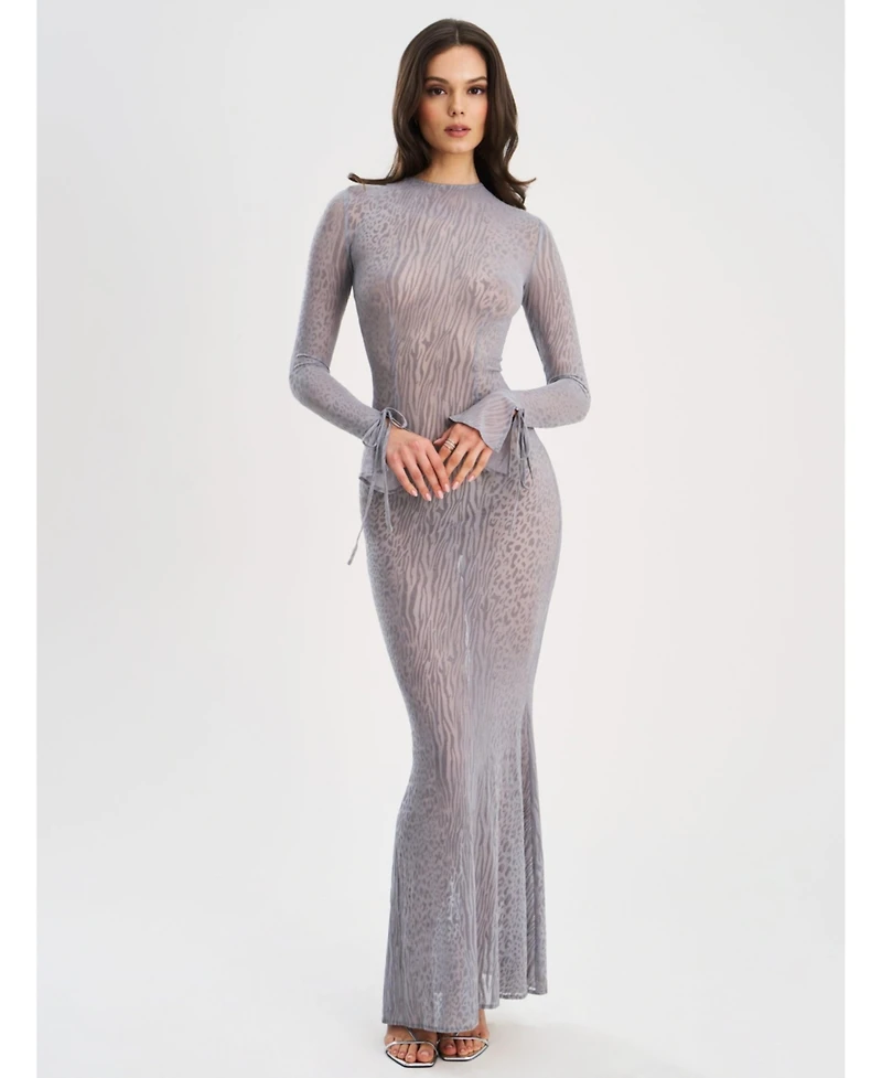 Miss Circle Women Waylynn Gray Animal Print Burnout Velvet Detail Mesh Backless Maxi Dress