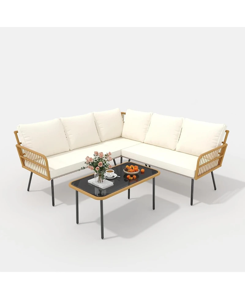 gaomon 4 Pieces Beige Boho Rattan Patio Furniture Set, L-Shaped Sectional with Cushions, Side Table & Chairs for Apartment & Backyard